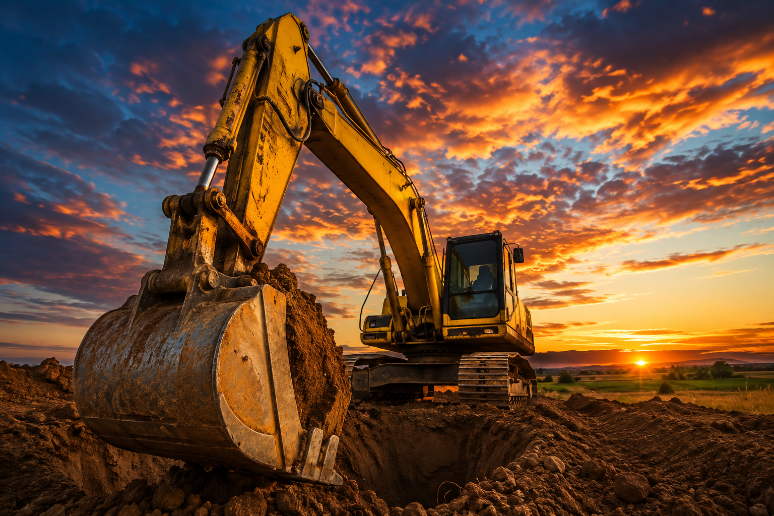 Excavadora amarilla en obra de construcción al atardecer